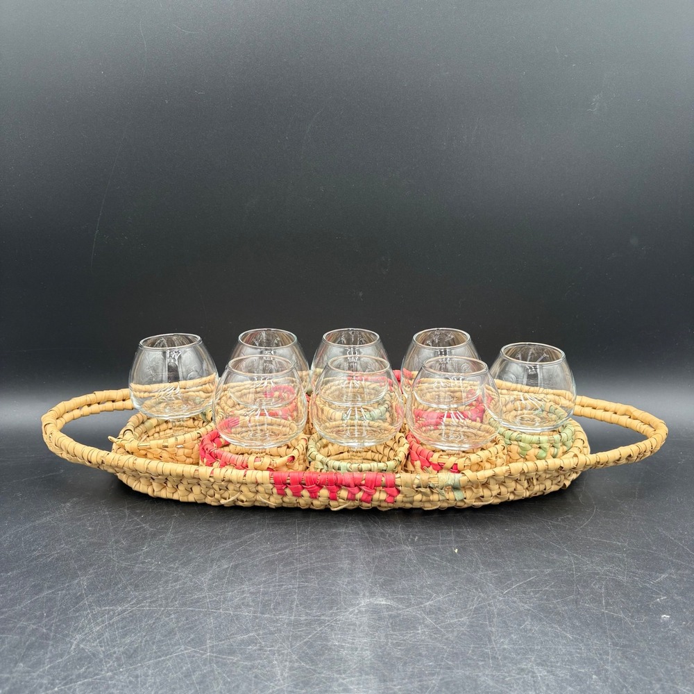 Vintage Woven Raffia Wicker Carrier w/ 9 Cordial Brandy Snifter Glasses Set Tray